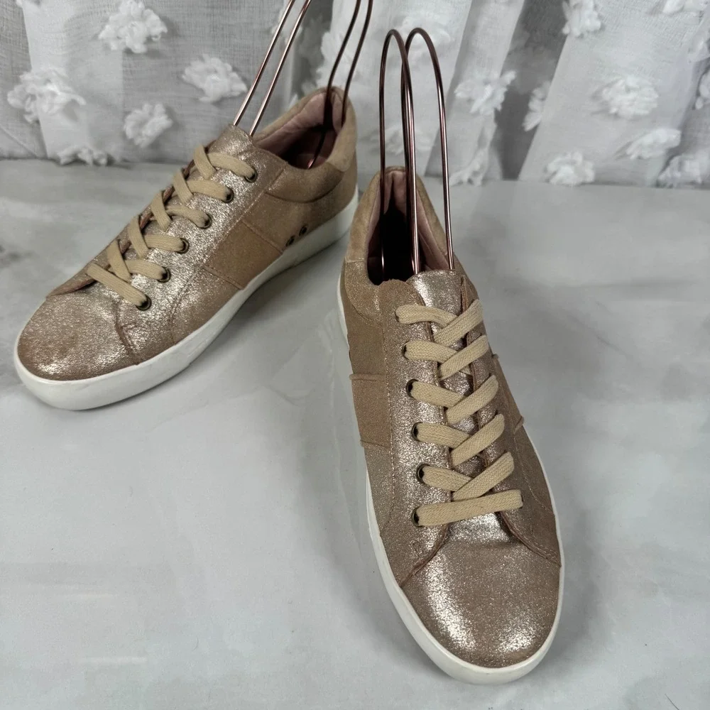 Joie Gold Leather Sneakers Lace Up‎ Sparkly Metallic Comfort Glam 37